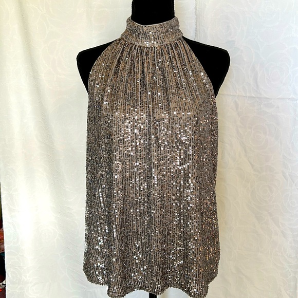 HALOGEN smocked pearl gray sequin high neck women’s holiday top. Size Medium. - Picture 5 of 11
